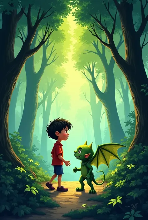 Cover for a story about a forest of lost words where there is a boy and a green goblin with wings looking for words and with the title set. The Forest of Lost Words.  cartoons . The title in Spanish all Spanish