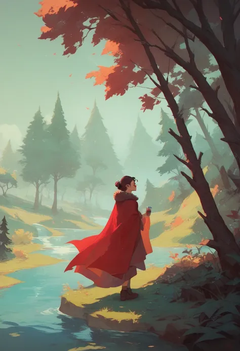 Dark forest in the background, a river passes through ,  its night but you cant see the sky ,  is full of trees ,  a girl can be seen in the distance with a red cape,  the girl is really far away  