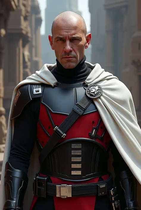 star wars head of the armed forces, dressed in black and red and wearing an armor and with a White cape and crest, Whit a scar in the face and without the helmet