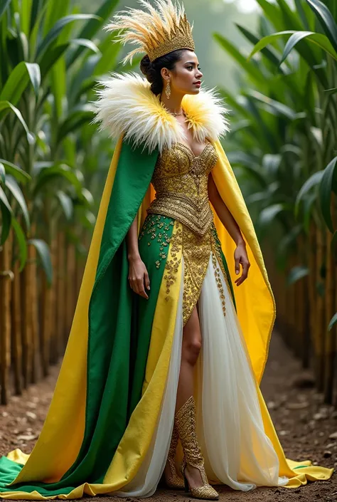  National costume for beauty contest inspired by agriculture, Corn ,  the cane mill .  That has green, yellow and white fabrics .  full body image ,  with 3 different shots front profile , back and side .  Gold glitter and highlight nature .  Made with rec...