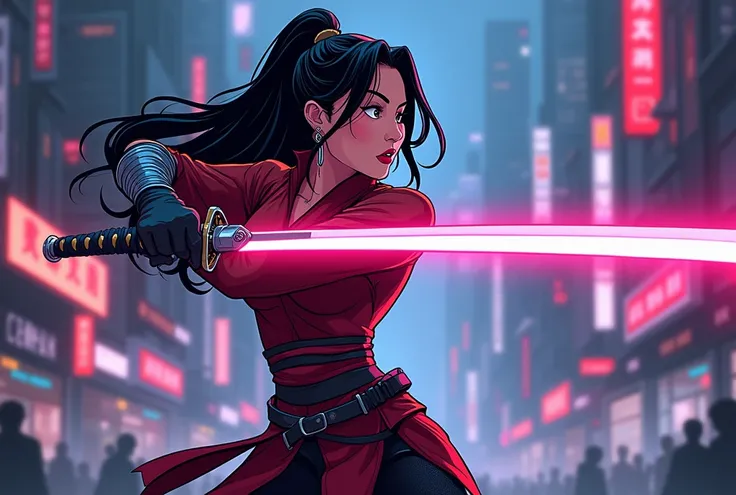 Create a full body illustration , In Cartoon style, of the character " Mulan"  da Disney,  however her look must be cyberpunk .  She wields a cybernetic katana , With a neon blade .  her pose is heroic and dynamic .  The setting is a futuristic cyberpunk c...