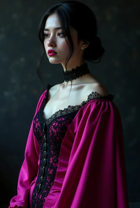 Bust of a fuchsia graduation dress with black gothic style