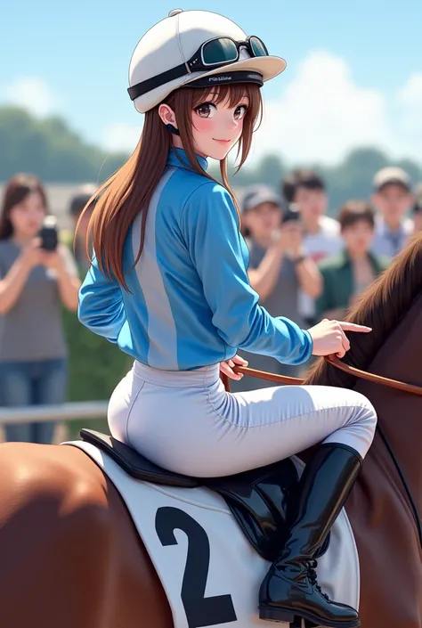  real illustration ,Surrounded by multiple male photographers ,Ride a race horse, 21-year-old Japanese female jockey pointing her butt,japanese,Korean style beauty,Transparency, white skin,Gray Eyes,cute,Idol,Idol, Portraits,Model, long hair,bangs,glossy b...