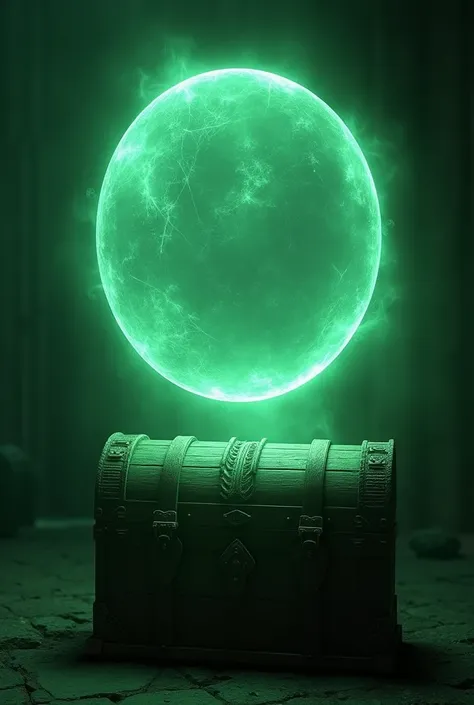  make a round shield ,  make it translucent with a ghostly green aura emanating from it, Do it on top of an old chest 