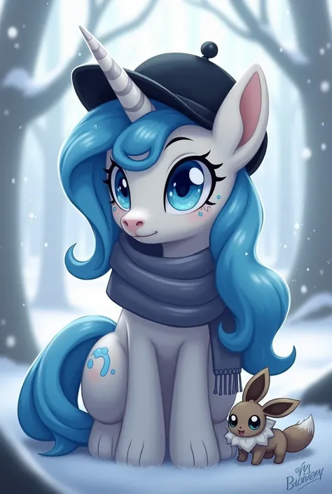 An MLP pony called a snowstar who has a blue mane and a beauty mark formed by a moon and stars with a black cap on his head and a gray scarf around his neck that has azure eyes and a unicorn horn are fur and a unicorn horn are fur and a mixture of black an...