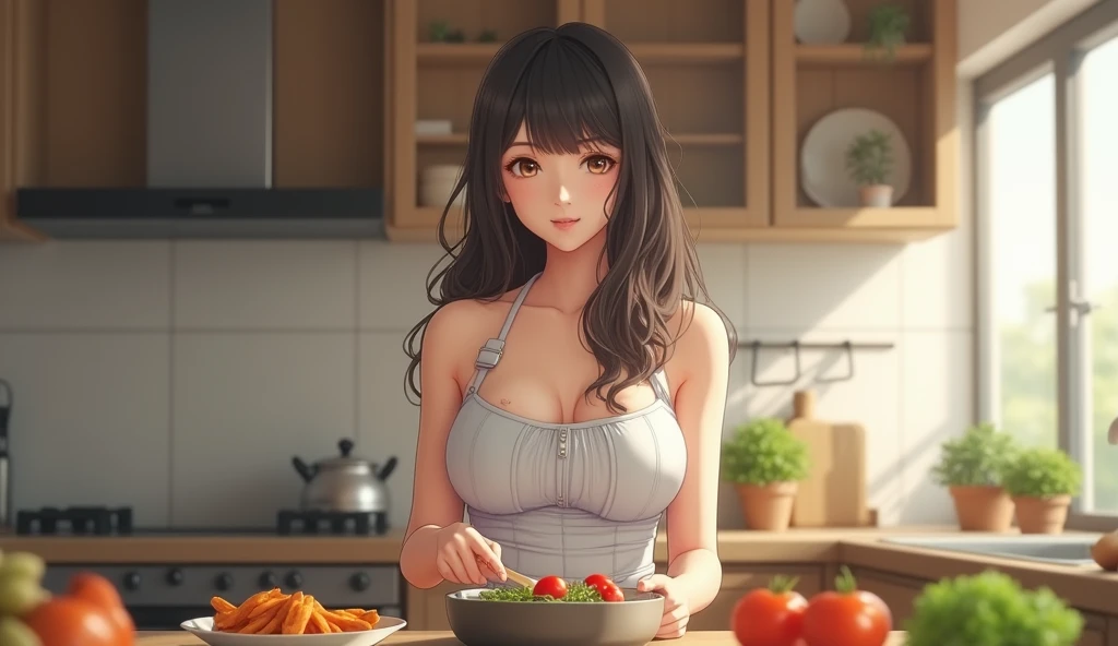  Beautiful 18 Year Old Japanese Girl 　((( happily cooking food :1.8)))smile(((Perfect fit、Sleeveless 　 miniskirt:1.6)))　 high definition 、correct、 anatomically correct、masterpiece、 top quality、 very detailed、超 high definition 、　 1 girl in uniform、 idol fac...