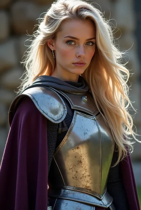 beautiful young woman in her early 20s who looks like a model, blonde hair, blue eyes, perfect upturned nose, small waist, long wavy wind blown hair, sultry look, full knight armor, dark purple cloak, 