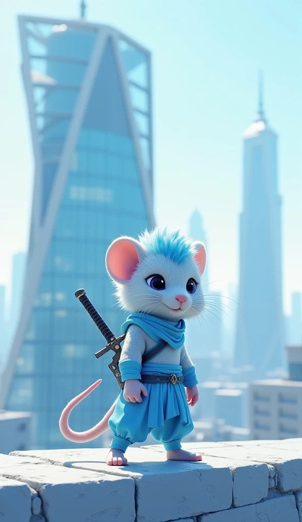  imaginary　clear　Office District　 building standing on the edge　Light blue ninja clothes 　A cute fluffy mouse with light blue hair　Sword on the back
