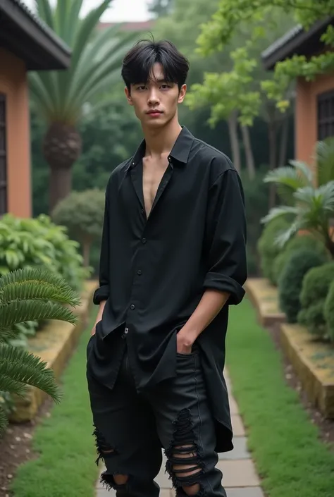 Photo of a Korean guy Handsome white skin with bangs wearing a long black shirt and long black jeans torn off the knee again stands an aesthetic garden 