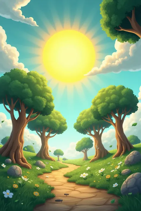 Images of animated trees and a sun with clouds 

