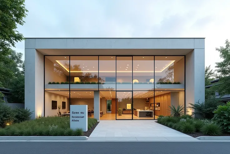 
A realistic photo of a modern Japanese housing manufacturer’s showroom, featuring a sleek building with large glass windows showcasing model homes and interior design options. The entrance has a clean sign with the company name, surrounded by neatly lands...