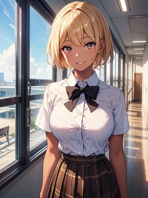  A beautiful girl is standing in the school hallway, viewer ,smile, short sleeved white blouse , plaid pleated skirt,black plaid bow tie,(Big Breasts),( tan brown skin:1.2),(Short blonde hair),A window with a view of the blue sky, high image quality