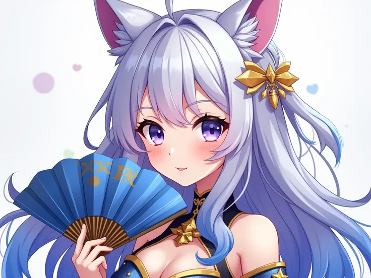  anime girl , ADULT FACE ,  2D handmade cartoon, vtuber,  Neko with long loose blue hair with the tips in lilac,  predominant lighting color in blue and gold earrings holding a fan, a character portrait inspired by Hisui Sugiura , pixiv, shin hanga, Ayaka ...