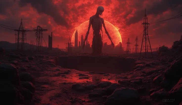 A nightmarish hole in the ground leading straight to hell. From it protrude the creepy long tentacles of an unknown ancient deity made of blood, bones and nightmarish flesh. Armegeddon, the end of the world. A Crimson Sunset. The ruins of the city are on f...