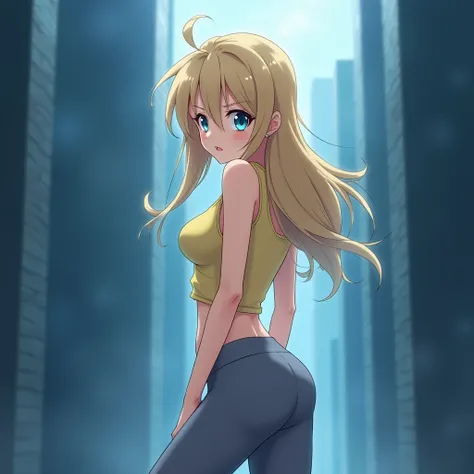 anime girl, long free blonde hair, blue eyes, light yellow tank top, tight grey yoga pants, standing, abstract blue background, tank top tucked-in to pants, from behind, looking back over shoulder, confused expression, anime, hourglass figure 
