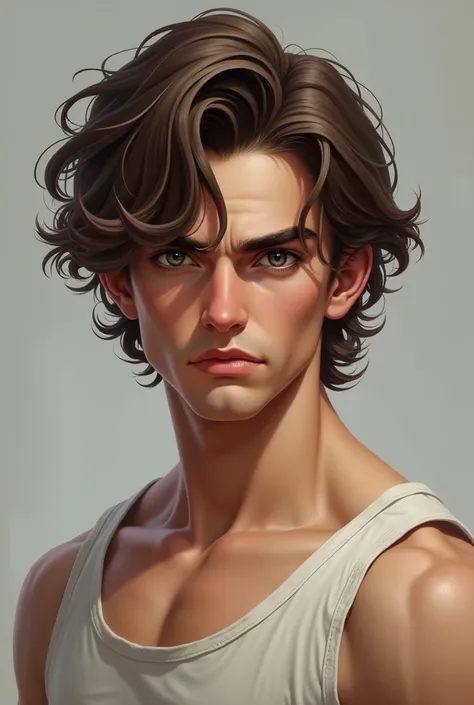 He usually appears as a short, strong young man with gray eyes and long curly brown hair, small nose and thick lips, stern expression, realistic.