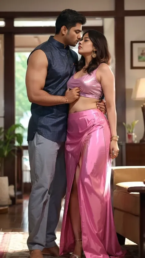 Full body image, Indian 28 year old plus sized aunty anasuya,(wearing gray colour short reflective split skirt and pink colour glossy u cut blouse) and 30 year old man driver kissing on lips, in a living room