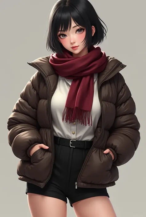  create an image of a very beautiful and attractive Japanese woman with slightly short black hair and gray eyes,  she has wide hips and thighs she wears a burgundy red scarf and a dark brown puffer jacket. underneath,  She wears a white dress shirt , She a...