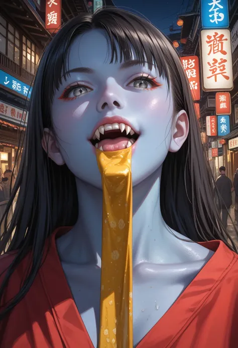  detailed anime style ,  masterpiece , study quality, 6K, full body shot, 1 ,  devil, fangs, Teeth, grey eyes, colored skin, (Blue colored skin 0.9), godo, Heavy set,  Black hair,  detailed background ,  Modern Japanese city ,  complementary colors,  Cinem...