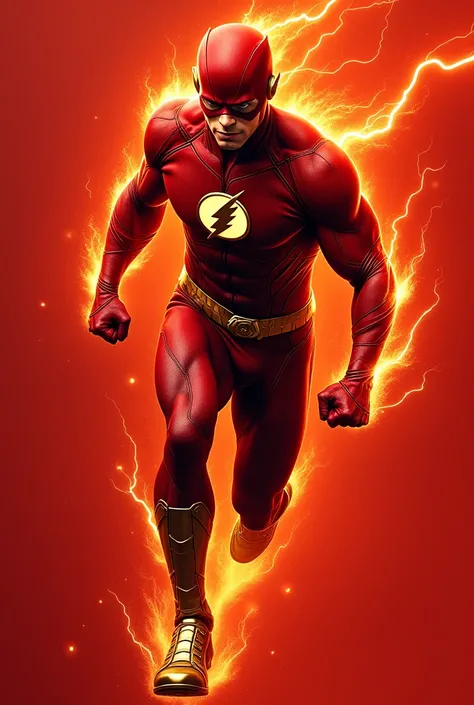 The Flash in red suit with arms and black pants with gold boots