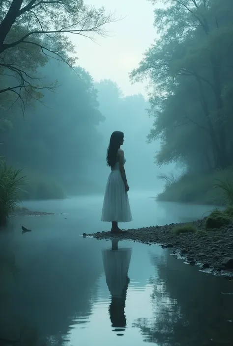 /I a photo ， The green riverbank behind a natural river 。 She is wearing a white dress ， has long dark hair 。 The fog around her ， creating a very mysterious feeling 。 The scene takes place at night ， dim lighting 。 creates a mysterious and magical atmosph...