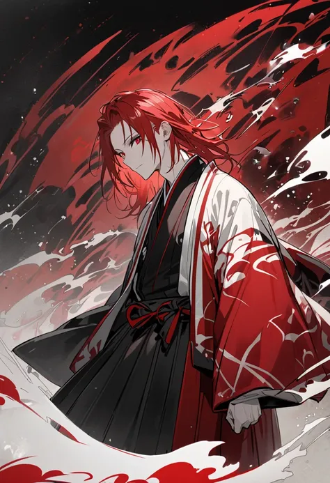 Male, red hair, red eyes, red white and black haori and kimono, hakama, solo, good looking, sleeper build, Japan background