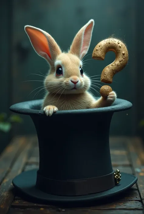  Create an image of a rabbit coming out of the top hat holding a question mark with a mysterious and dark setting, indicating curiosity and mystery 