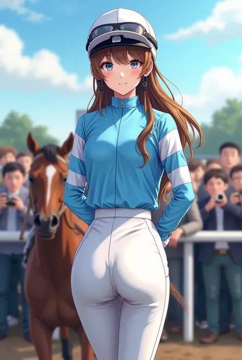 Illustration,Surrounded by multiple male photographers ,Ride a race horse, 21-year-old Japanese female jockey pointing her butt,japanese,Korean style beauty,Transparency, white skin,Gray Eyes,cute,Idol,Idol, Portraits,Model, long hair,bangs,glossy brown be...