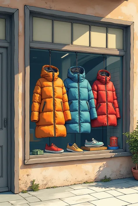 Hand-drawn style，Product promotion map，There are ， matte down jackets in different colors in the window