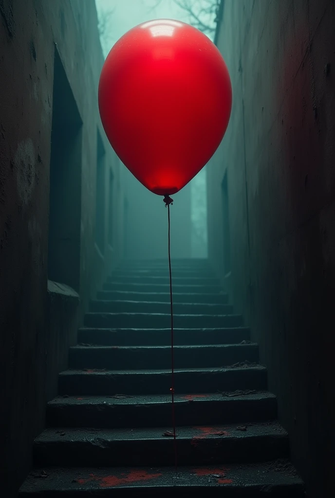 The scary scary red balloon is in the middle and on the stairs in horror movies
