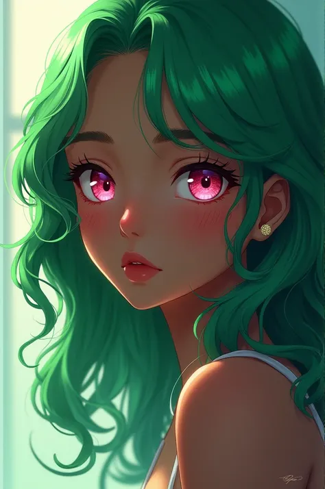  anime girl ,  dark skin,  green hair , eyes pink,