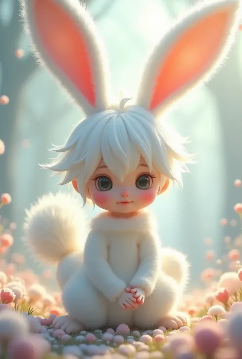 A young adult boy with white hair ,  white rabbit ears and a rabbit tail