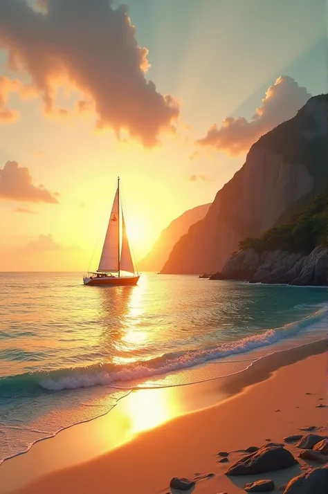 Sunset on the beach with . a beautiful sailboat on the side