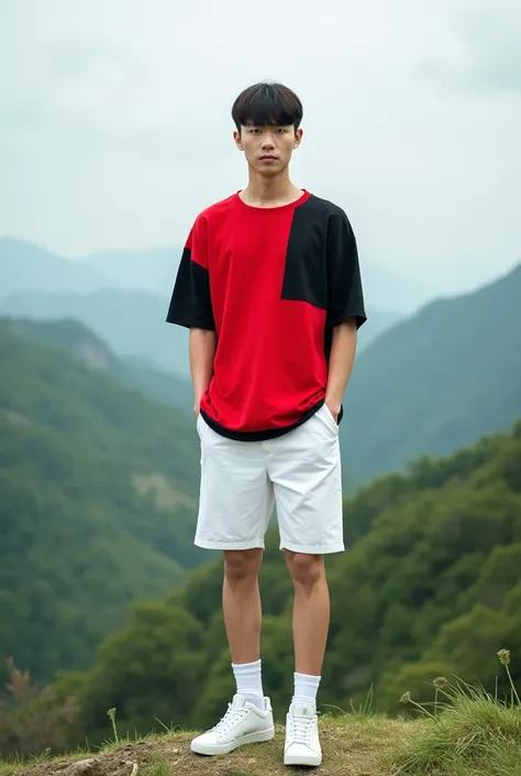 Photo of a Korean guy Handsome white skin with bangs wearing a long red black white t-shirt and white shoe shorts again standing on the esthetic Hill 