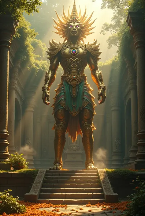 A hyper-realistic, cinematic film-style 4K image of a gigantic and majestic hybrid creature inspired by Indian mythology. The creature has the upper body of a divine warrior adorned in intricately detailed golden armor, encrusted with glowing sapphire and ...