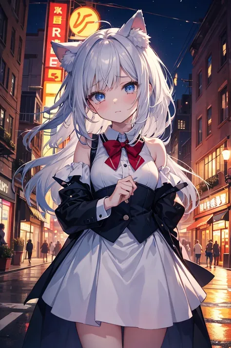 An anime-style scene set in a vibrant nighttime cityscape. Two high school girls are standing in the bustling neon-lit streets. One has silver hair, styled neatly, and wears a school uniform with a modern, elegant design. The other girl has sleek black hai...