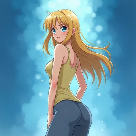 anime, female, long blonde hair, blue eyes, light yellow tank top, grey leggings, abstract blue background, from behind, looking back over shoulder, confused face, tucked-in tank top, hourglass figure 