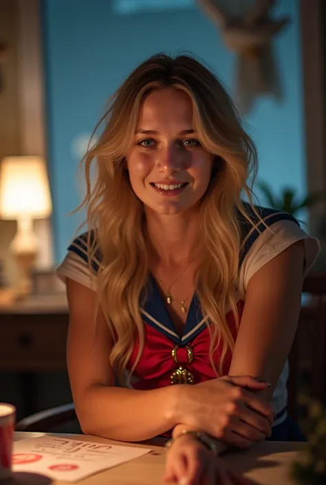 a realistic depiction of a gorgeous European and smiling woman, aged 23. she is confident and happy. Long wavy blond hair, messy wind blown hair, Full body, she is sitting behind her desk in her room looking at her laptop camera dressed as sailor moon, (ex...