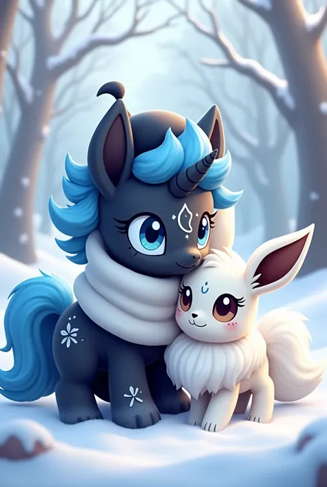 A pony from MLP called a snowstar who has a blue mane and a beauty mark formed by a moon and stars with a black cap on his head and a white scarf around his neck that has azure eyes and a unicorn horn are fur and black with touches of white with a white Po...