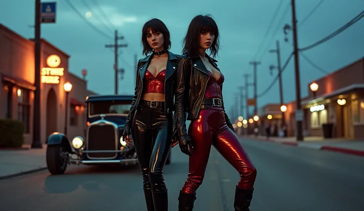 realistic photo , 2 punk woman standing , wearing shinny pvc jumpsuit , shinny pvc jacket , wearing shinny pvc thigh high boots , shinny pvc gloves , in californian street at dusk with ford 32 hot rod