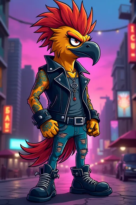 Create a cartoon for ren of a condor dressed as a rocker 