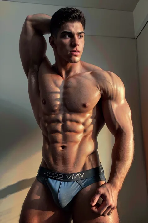 a young 22 year old male brazilian gymnast, shirtless, wearing short shorts, flexing his muscular physique, highly detailed portrait, chiseled jawline, piercing eyes, athletic body, photorealistic, 8k, (best quality,4k,8k,highres,masterpiece:1.2),ultra-det...