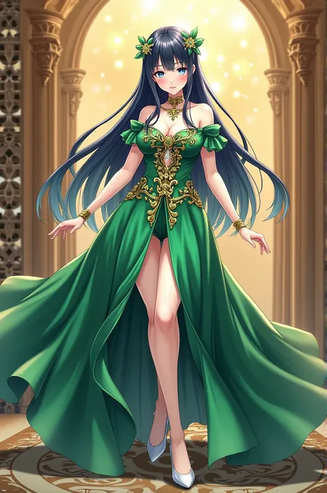  Creates a feminine character in art style
from the game Honkai Star Rail with the following
traits:  long hair accessories with bangs
Navy blue with olive green tips ,
 wearing emerald green for grand ballroom party with gold details and white heels , Wit...