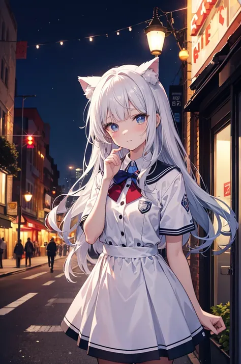 An anime-style scene set in a vibrant nighttime cityscape. Two high school girls are standing in the bustling neon-lit streets. One has silver hair, styled neatly, and wears a school uniform with a modern, elegant design. The other girl has sleek black hai...