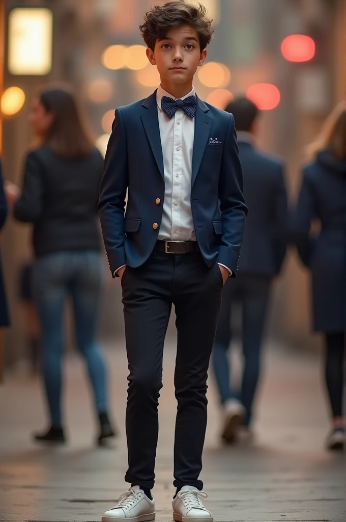 Teenager wearing navy blue blaser white shirt tie navy blue bow tie pants black jeans casual white sneakers and detail Blaser social Donrado 