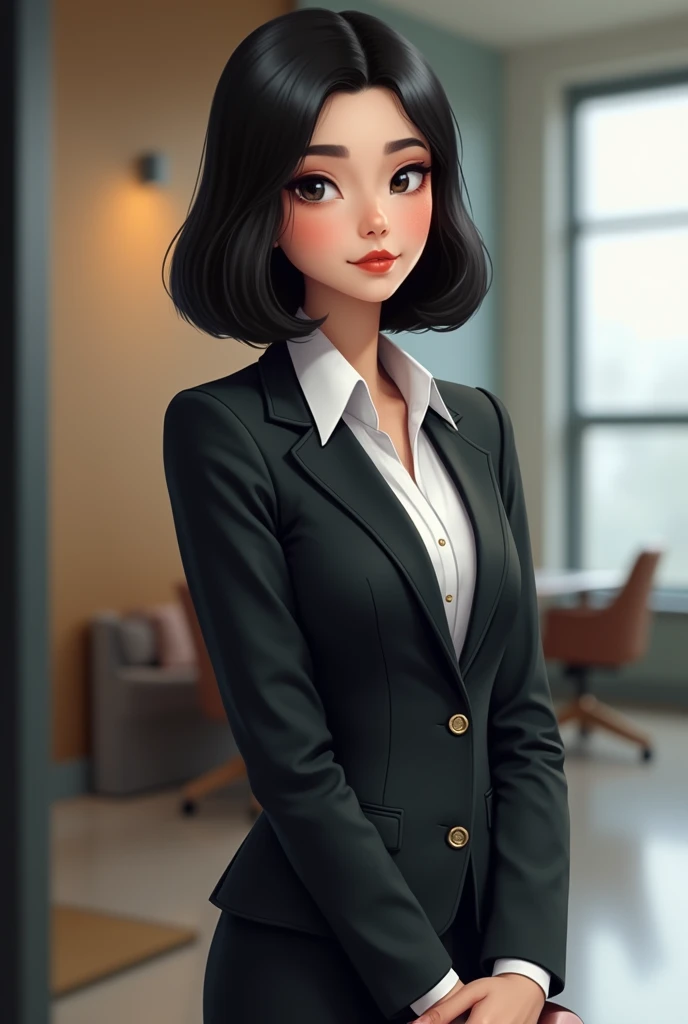 a 28-year-old black-haired woman dressed as an executive,  the face is a little round 