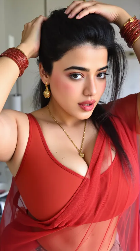 Four Indian beautiful woman sexy alluring face bhabhi, Mouth slightly open, Kajal in eyes, heavy mascara, Giving sexy look to viewers, big long earrings,(( Wearing sleeveless bikini blouse)),Medium size mole on breast and armpits, Both hands stretched up a...