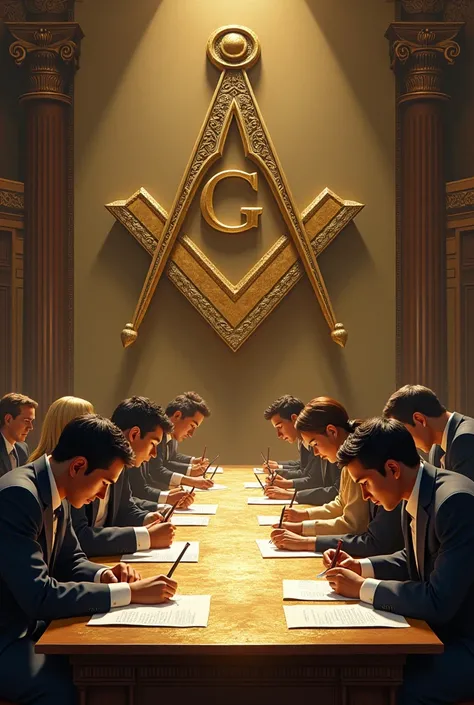 A bunch of people taking tests writing on gold paper and the symbol of freemasonry in the background 