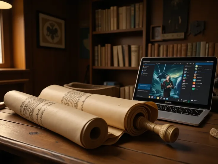  scenes that mix ancient and modern elements, like a scroll next to a laptop .