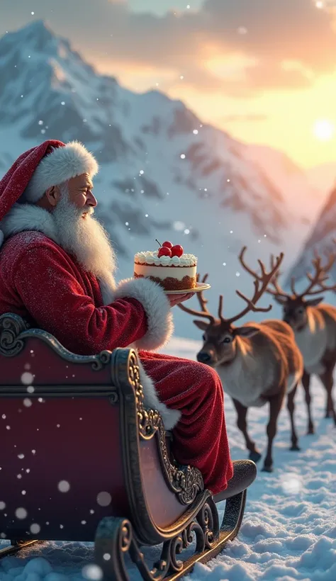 Make an image of an elderly person next to a Santa Claus taking a sleigh ride in the heights being pulled by his deer and the elderly with a cake over his hands an ultra realistic 4k image